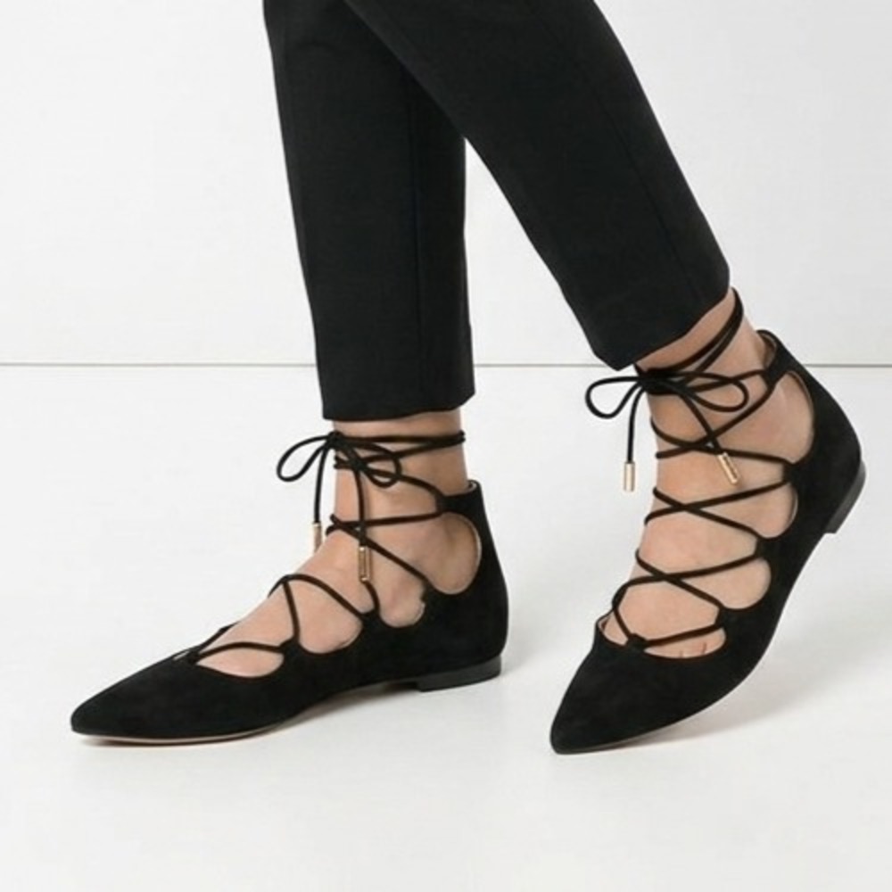 Beston Urban-1 Ballet Flats Womens US 8.5 Black Faux Suede Lace Up Pointed Toe